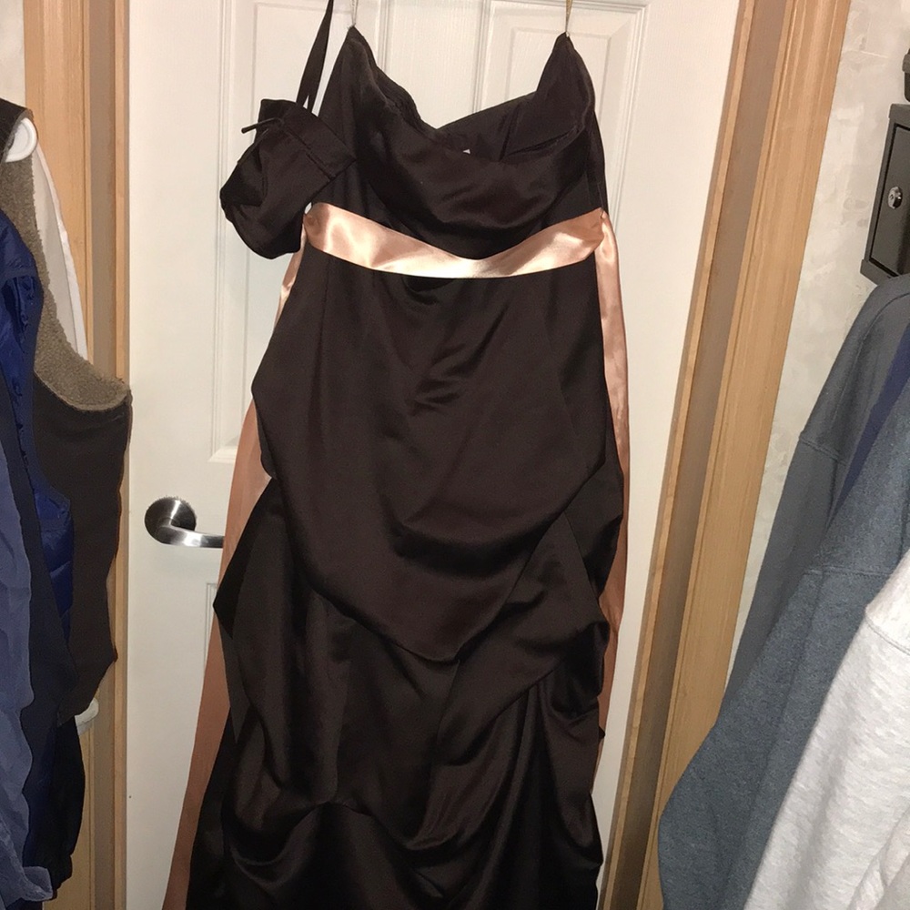 Dark brown dress with peach ribbon